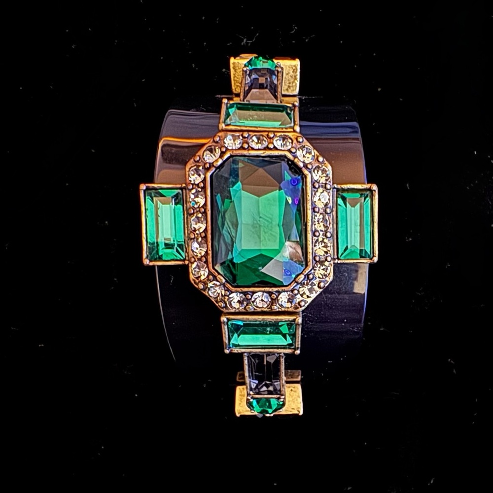 Black Plastic Cuff Bracelet with Gold and Green Accents